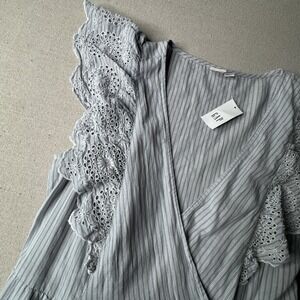 GAP NWT Petite Medium Blue Stripe Wrap Dress Eyelet Lace Cottagecore Summer Midi